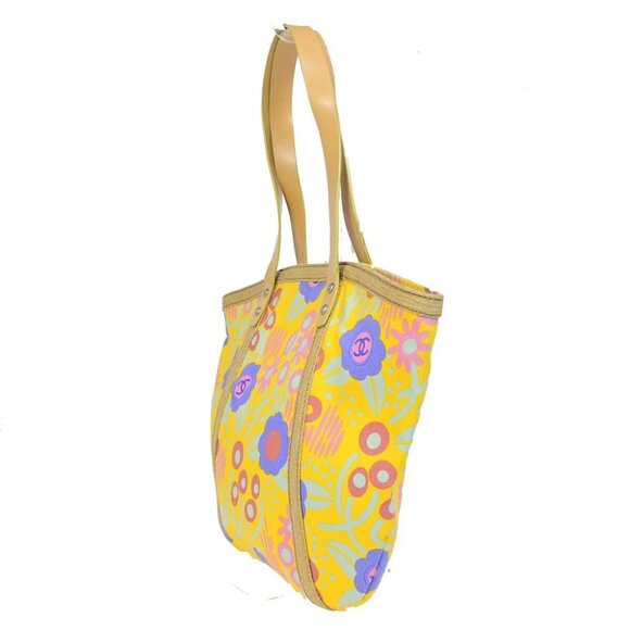 CHANEL CC High Summer Tote Bag Shoulder Canvas Leather Flower Yellow - Picture 2 of 16